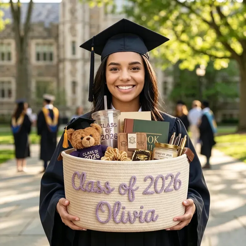 Graduada con canasta personalizada de generación y regalos