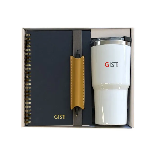 Kit de bienvenida empresarial con termo, libreta y pluma