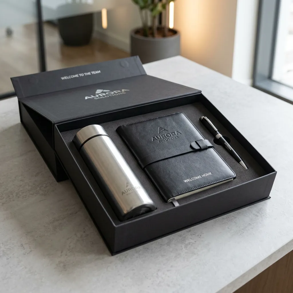 Kit premium de bienvenida con termo, libreta y pluma en caja